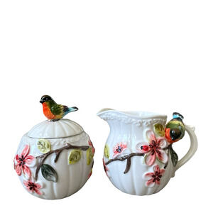 Corner Ruby Botanical Collection Floral & Bird Ceramic Sugar & Creamer Set NEW